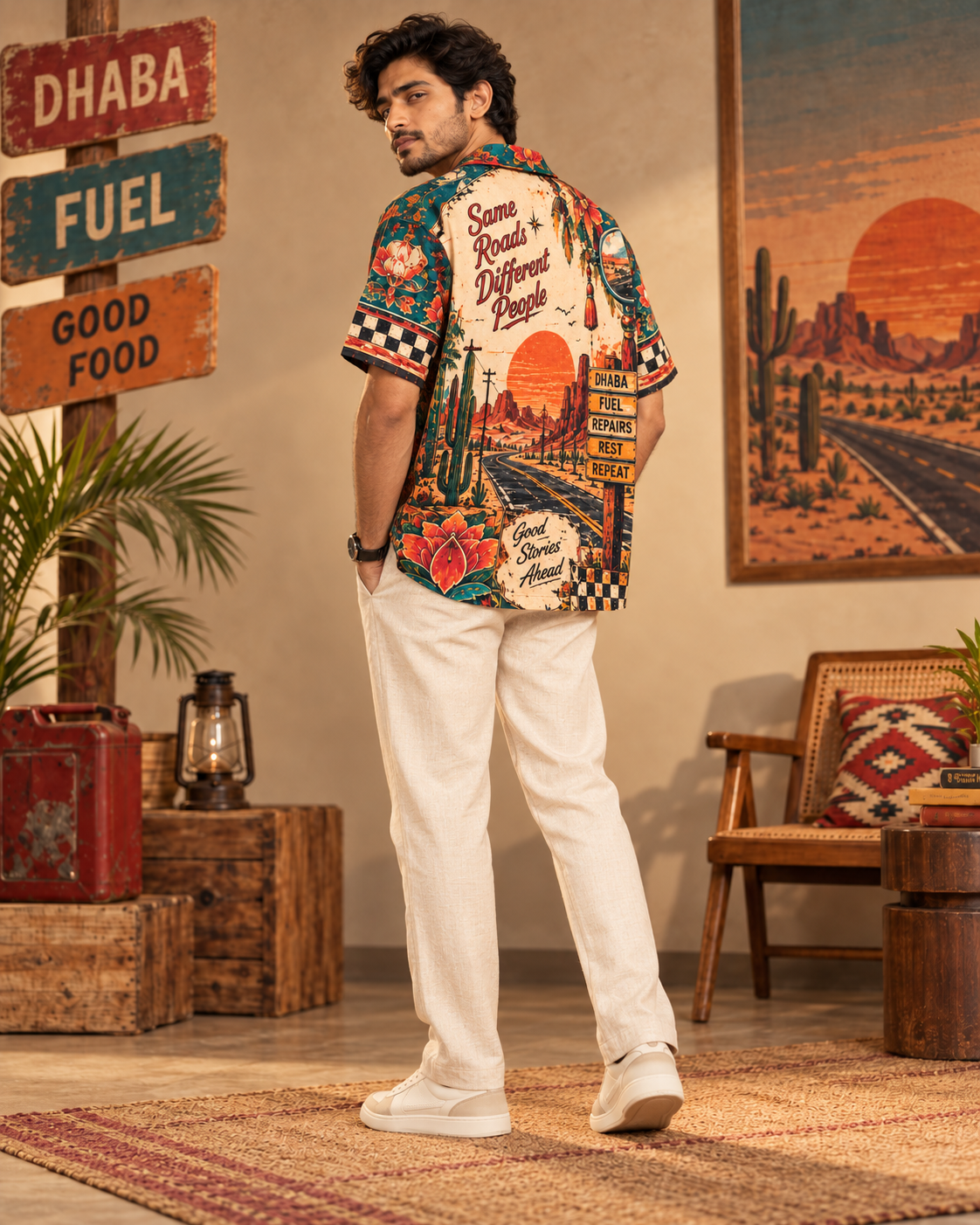 Desert Service Station men's printed casual shirt with retro racing and Indian road-trip design by ZERO CODE - view 4