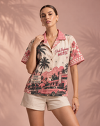 Pink Highway Motel women's printed casual shirt with retro racing and Indian road-trip design by ZERO CODE