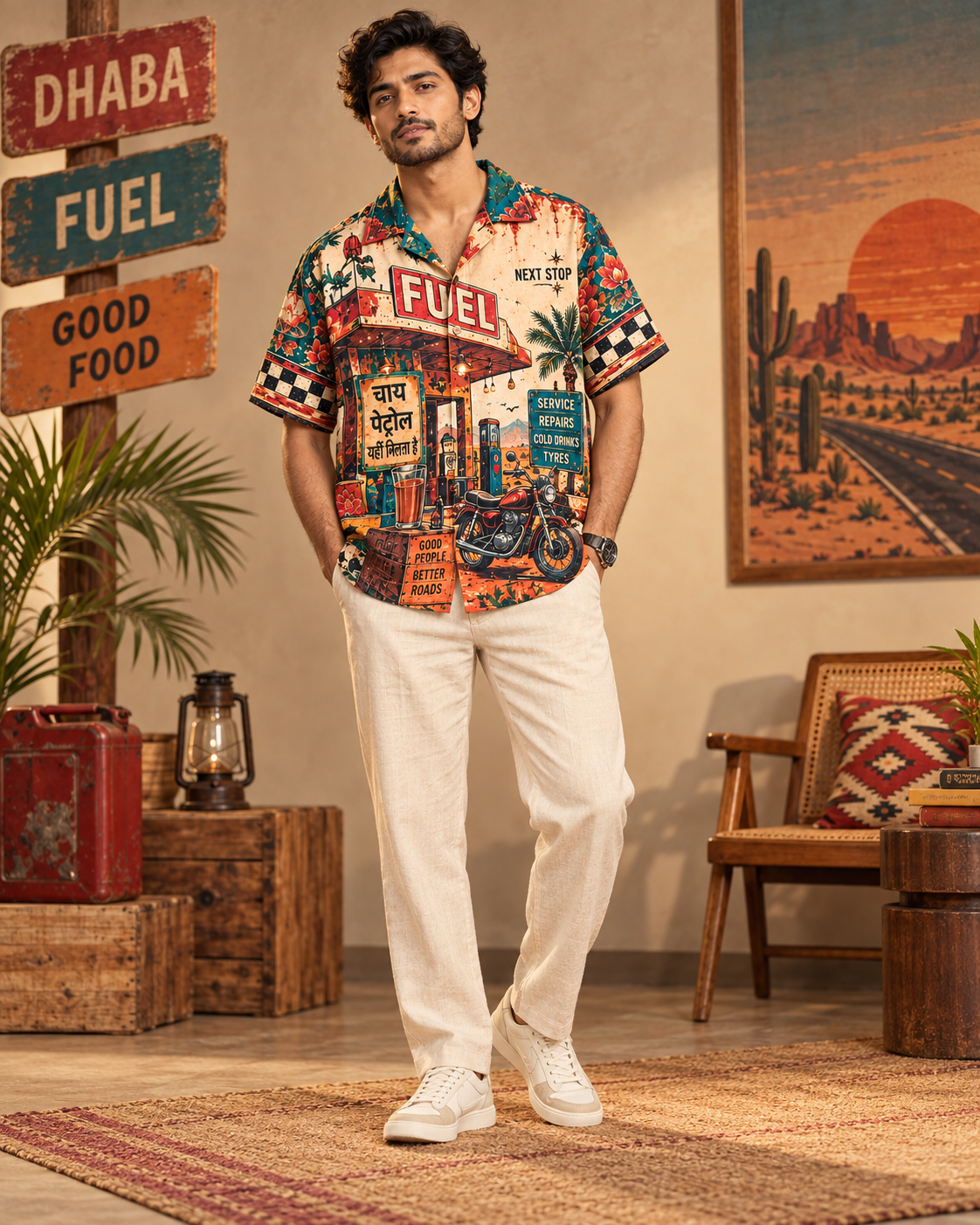 Desert Service Station men's printed casual shirt with retro racing and Indian road-trip design by ZERO CODE - view 2