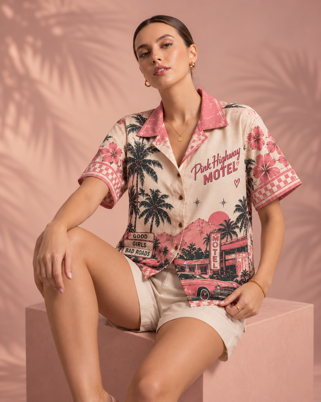 Pink Highway Motel women's printed casual shirt with retro racing and Indian road-trip design by ZERO CODE - view 2