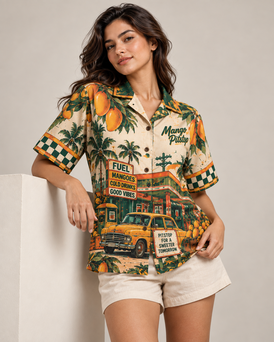 Mango Pitstop women's printed casual shirt with retro racing and Indian road-trip design by ZERO CODE - view 3