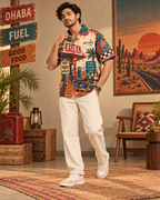 Desert Service Station men's printed casual shirt with retro racing and Indian road-trip design by ZERO CODE - view 3