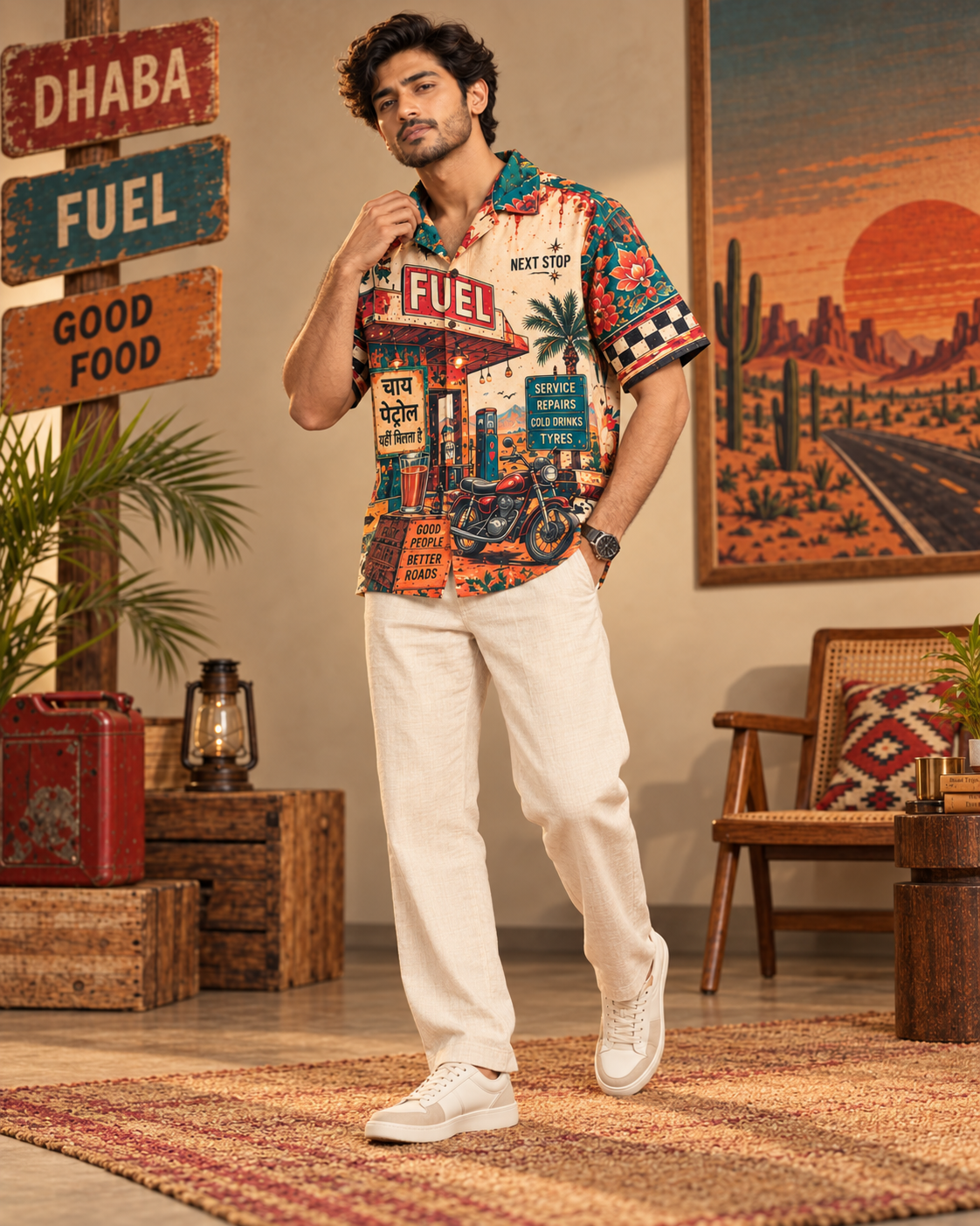 Desert Service Station men's printed casual shirt with retro racing and Indian road-trip design by ZERO CODE - view 3