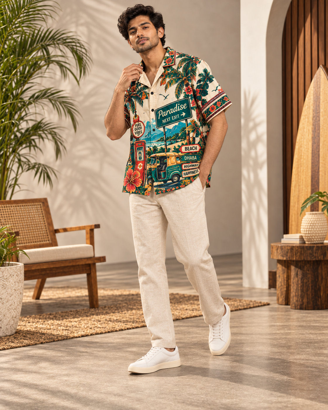 Highway Paradise men's printed casual shirt with retro racing and Indian road-trip design by ZERO CODE - view 3