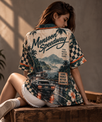 Monsoon Speedway women's printed casual shirt with retro racing and Indian road-trip design by ZERO CODE - view 5