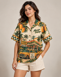 Mango Pitstop women's printed casual shirt with retro racing and Indian road-trip design by ZERO CODE