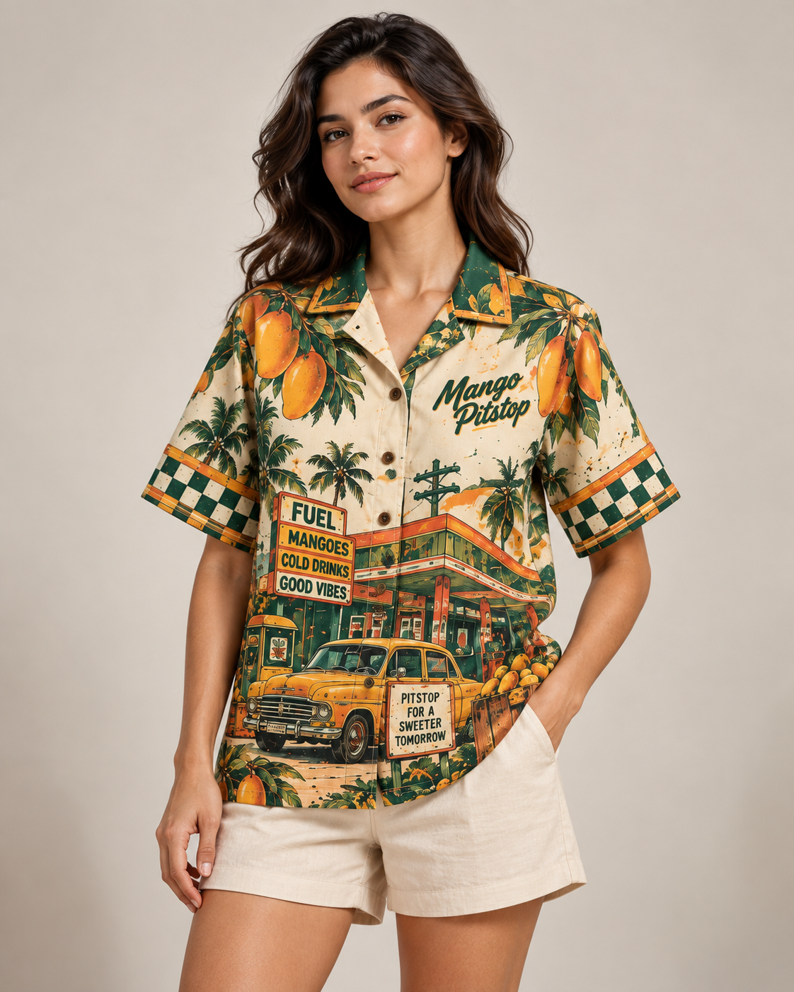 Mango Pitstop women's printed casual shirt with retro racing and Indian road-trip design by ZERO CODE