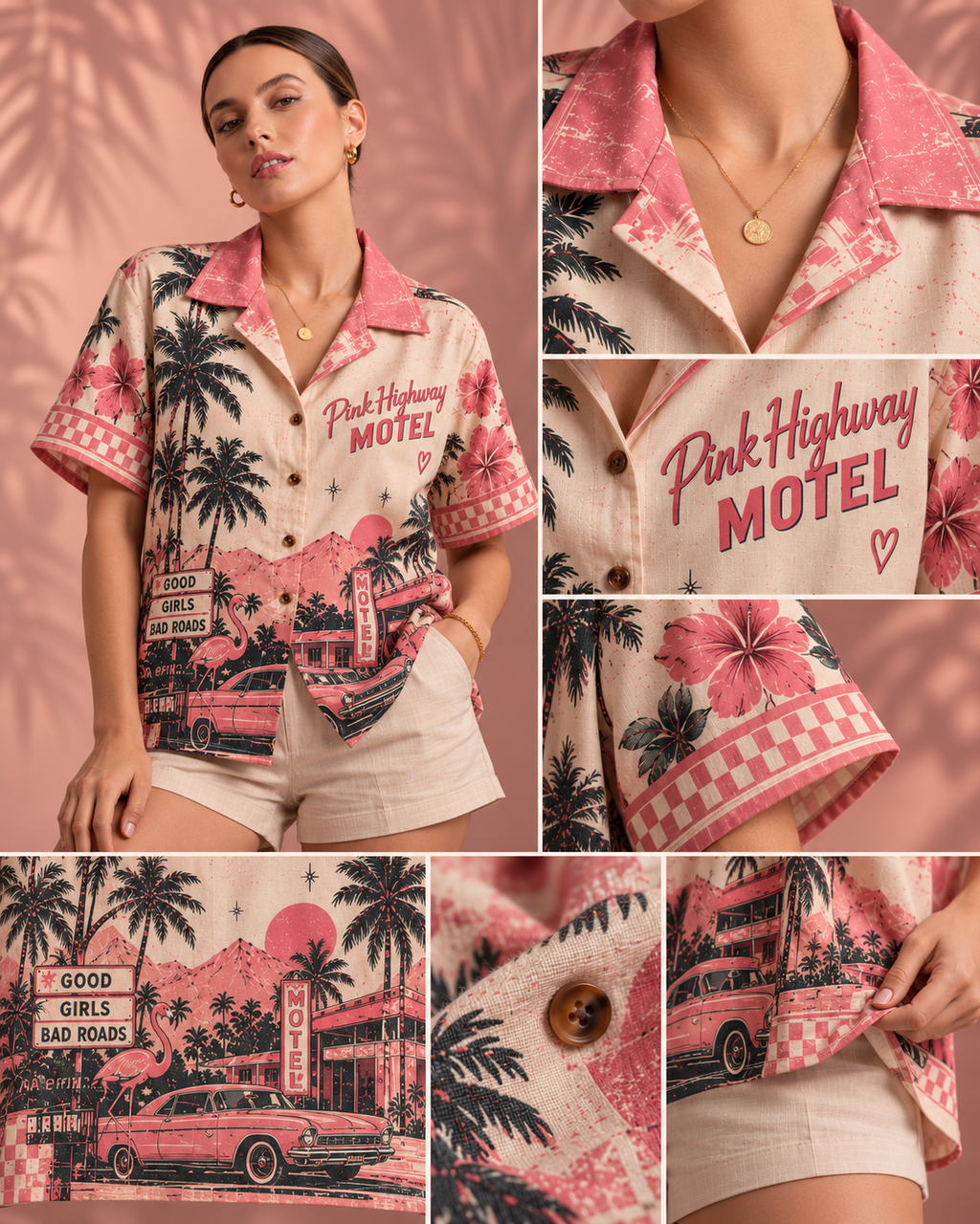 Pink Highway Motel women's printed casual shirt with retro racing and Indian road-trip design by ZERO CODE - view 6