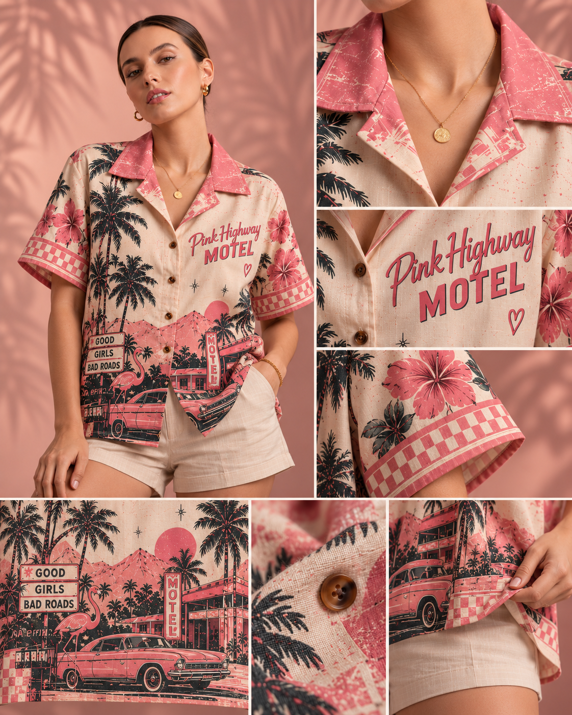 Pink Highway Motel women's printed casual shirt with retro racing and Indian road-trip design by ZERO CODE - view 6