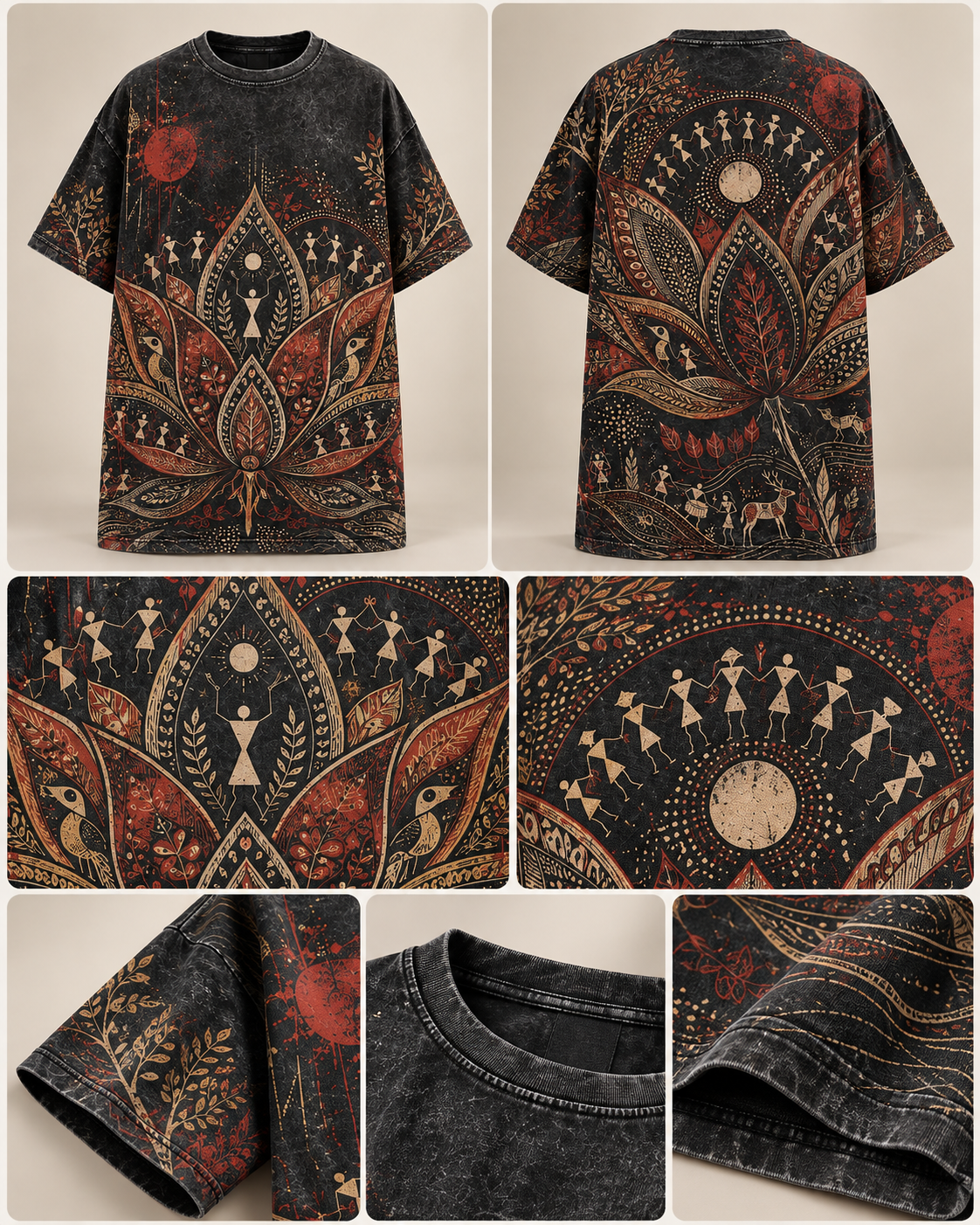 Burnt Lotus Ritual men's oversized t-shirt with Madhubani folk-art design by ZERO CODE - view 6