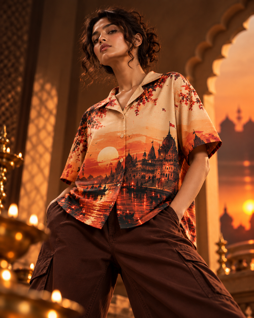 Ayodhya Sunset.exe women's printed casual shirt with Indian mythology design by ZERO CODE