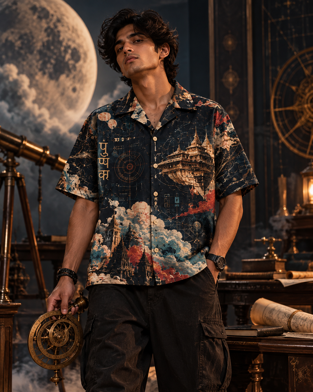 Pushpaka Night Flight men's printed casual shirt with Indian mythology design by ZERO CODE