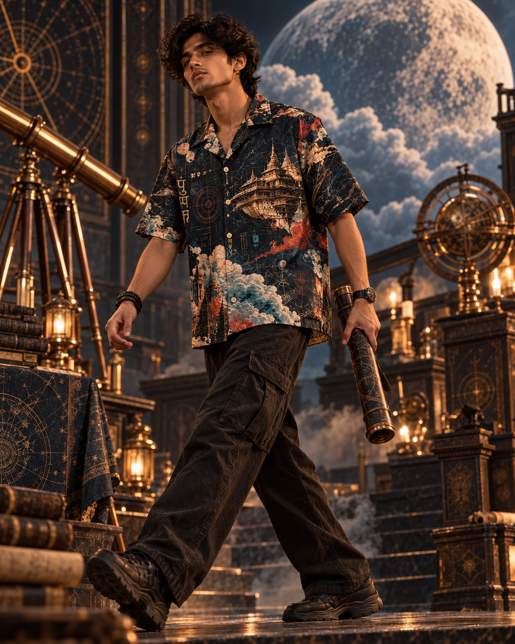 Pushpaka Night Flight men's printed casual shirt with Indian mythology design by ZERO CODE - view 4