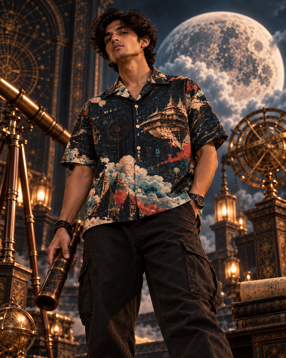 Pushpaka Night Flight men's printed casual shirt with Indian mythology design by ZERO CODE - view 5
