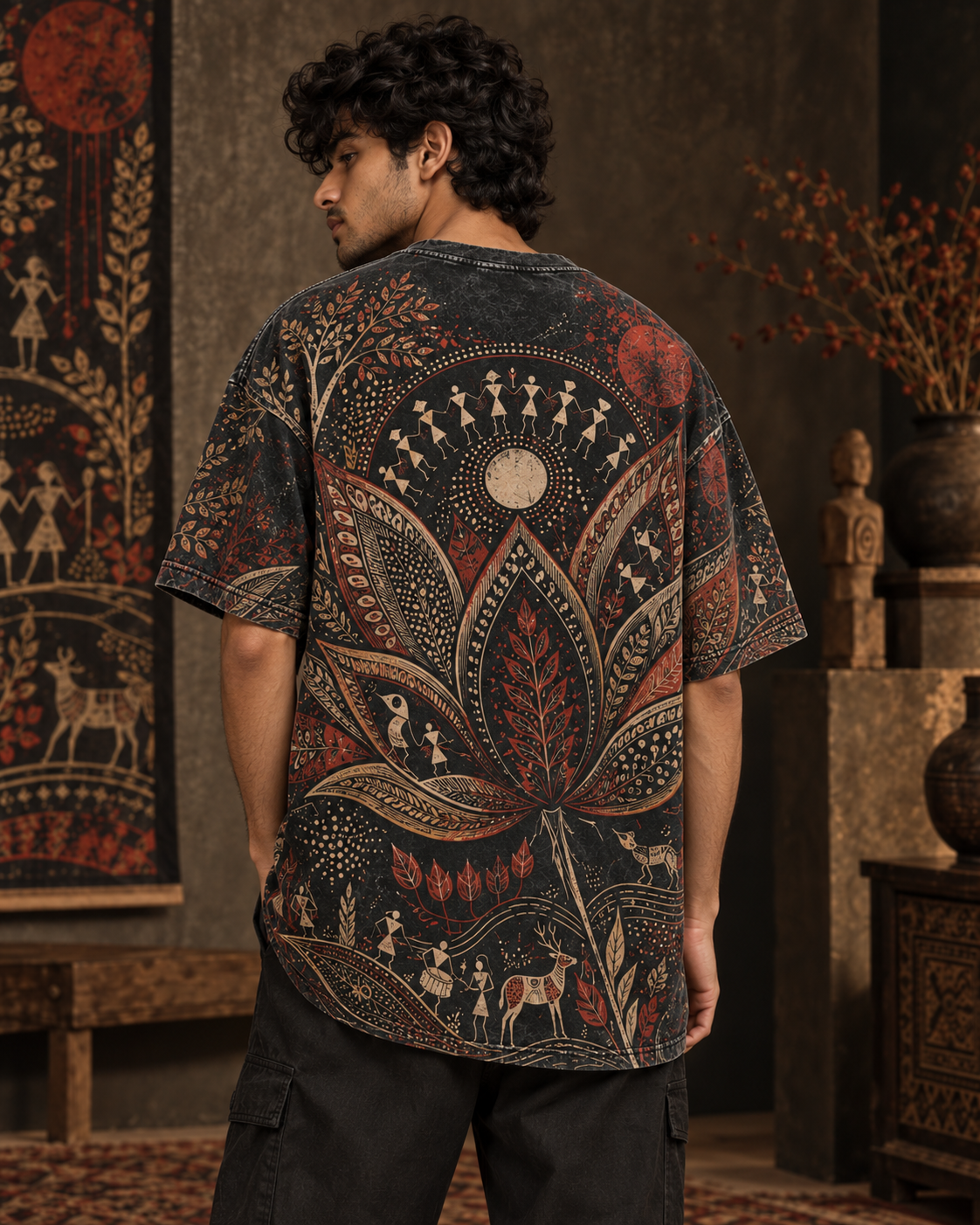 Burnt Lotus Ritual men's oversized t-shirt with Madhubani folk-art design by ZERO CODE - view 4