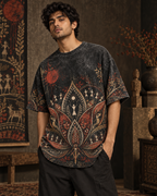 Burnt Lotus Ritual men's oversized t-shirt with Madhubani folk-art design by ZERO CODE