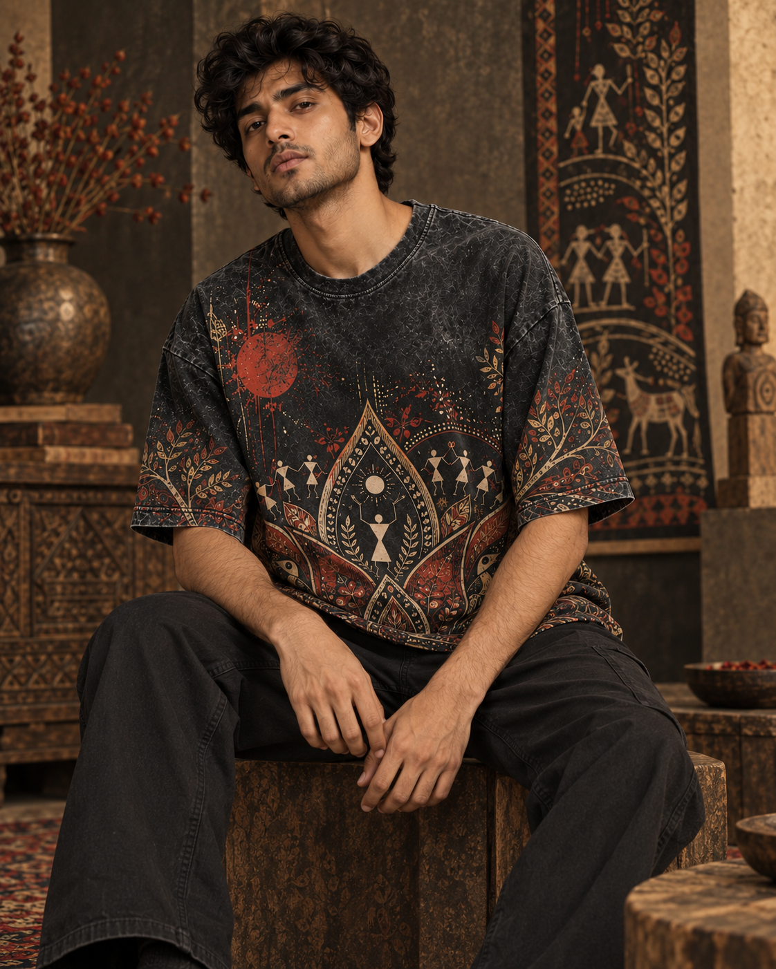 Burnt Lotus Ritual men's oversized t-shirt with Madhubani folk-art design by ZERO CODE - view 2