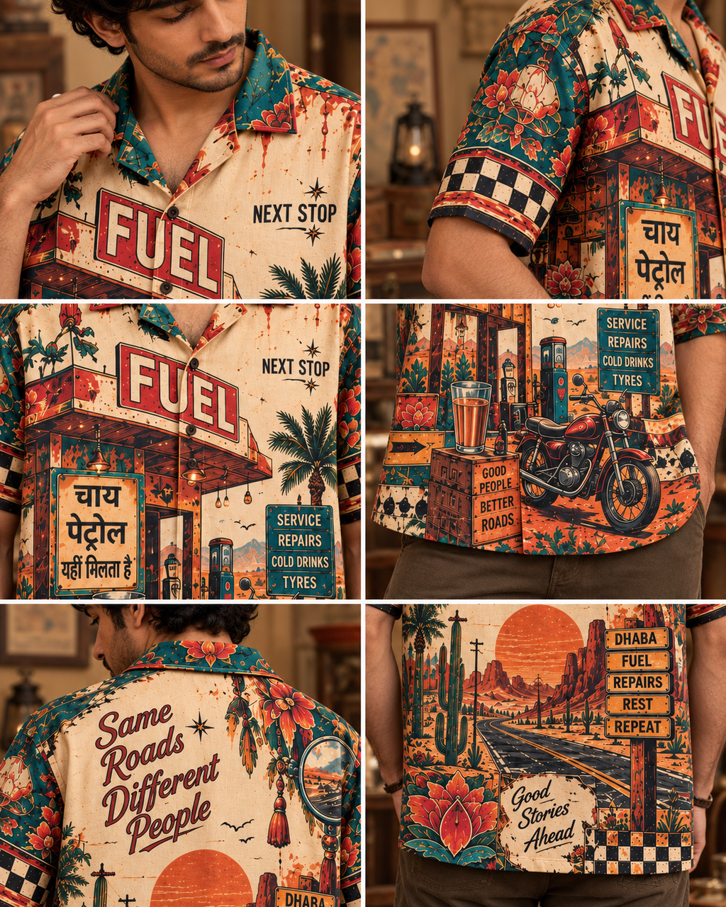 Desert Service Station men's printed casual shirt with retro racing and Indian road-trip design by ZERO CODE - view 6