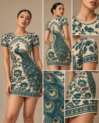 Jade Peacock Vine women's bodycon mini dress with tropical Indian resort design by ZERO CODE - view 6