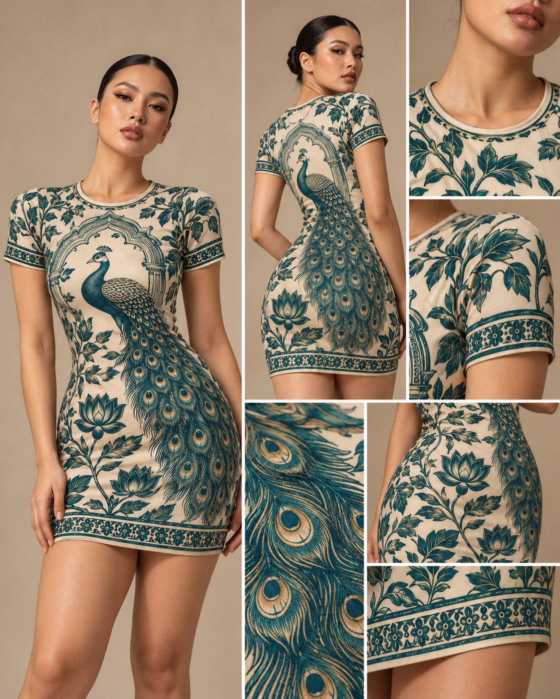 Jade Peacock Vine women's bodycon mini dress with tropical Indian resort design by ZERO CODE - view 6
