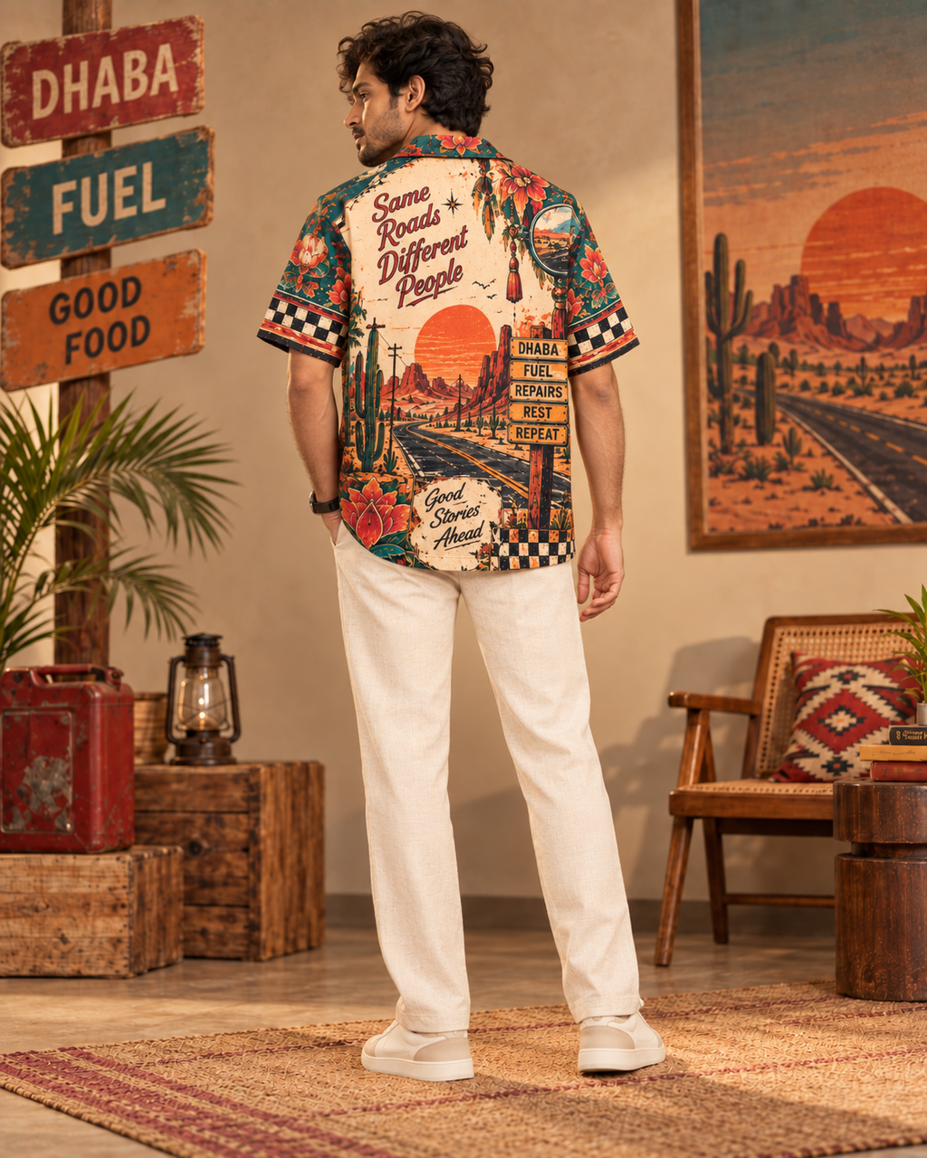 Desert Service Station men's printed casual shirt with retro racing and Indian road-trip design by ZERO CODE - view 5