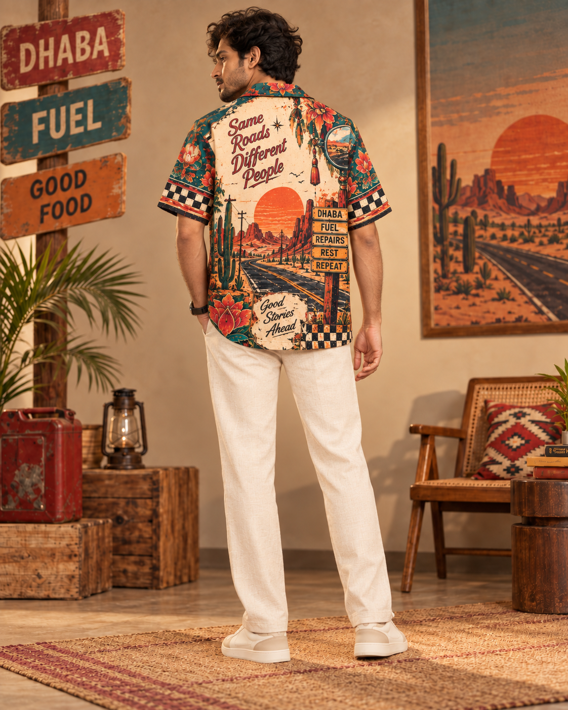 Desert Service Station men's printed casual shirt with retro racing and Indian road-trip design by ZERO CODE - view 5