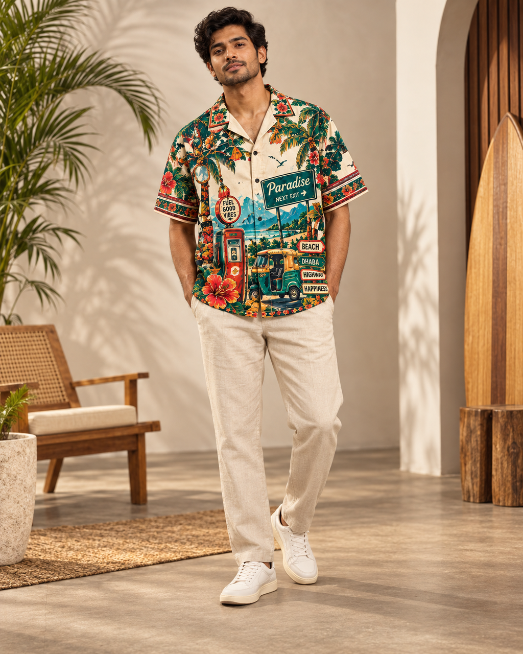 Highway Paradise men's printed casual shirt with retro racing and Indian road-trip design by ZERO CODE