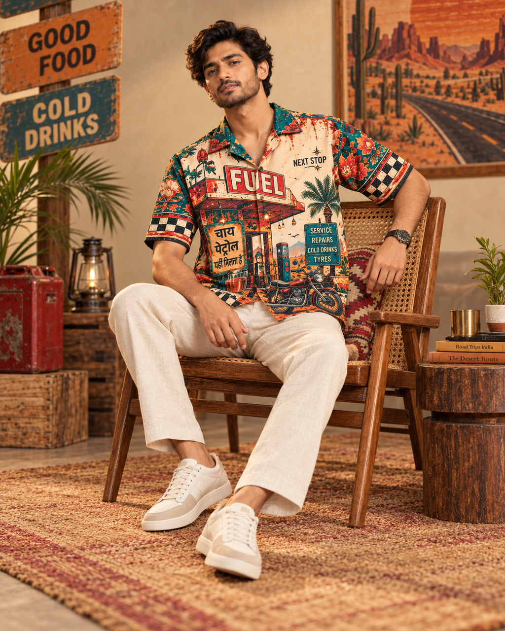 Desert Service Station men's printed casual shirt with retro racing and Indian road-trip design by ZERO CODE