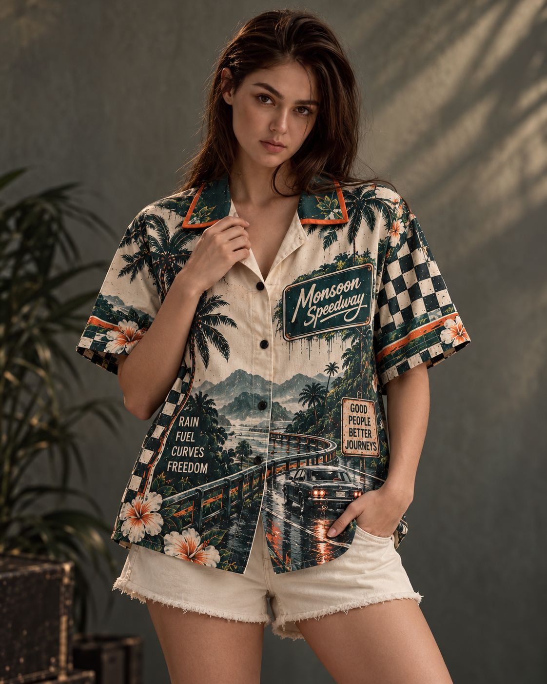 Monsoon Speedway women's printed casual shirt with retro racing and Indian road-trip design by ZERO CODE