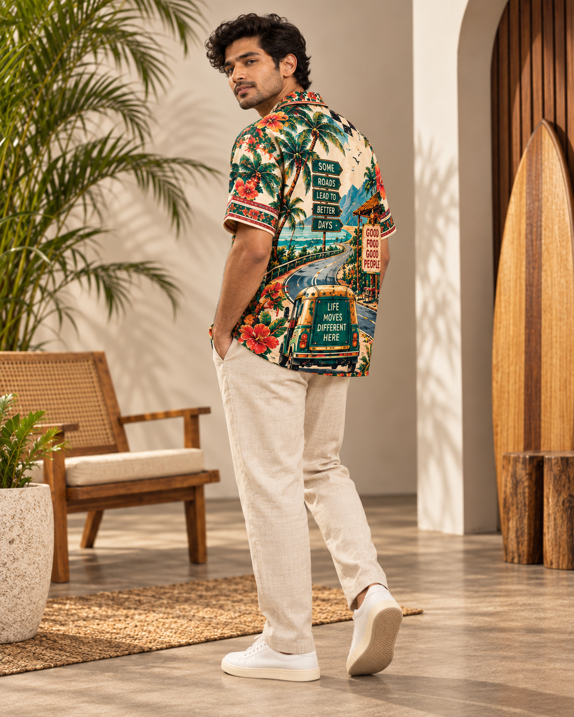 Highway Paradise men's printed casual shirt with retro racing and Indian road-trip design by ZERO CODE - view 4