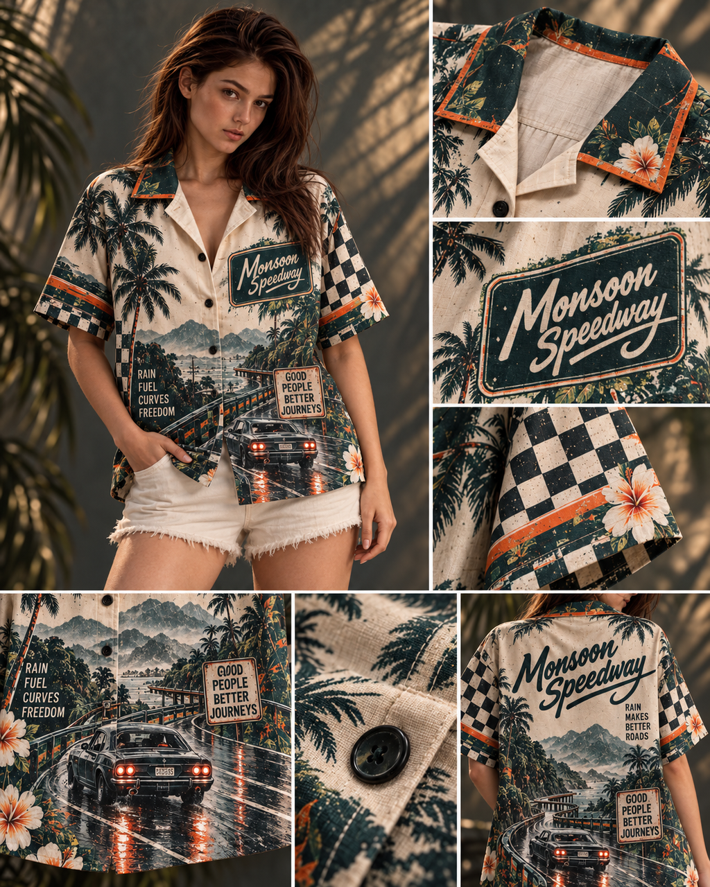 Monsoon Speedway women's printed casual shirt with retro racing and Indian road-trip design by ZERO CODE - view 4
