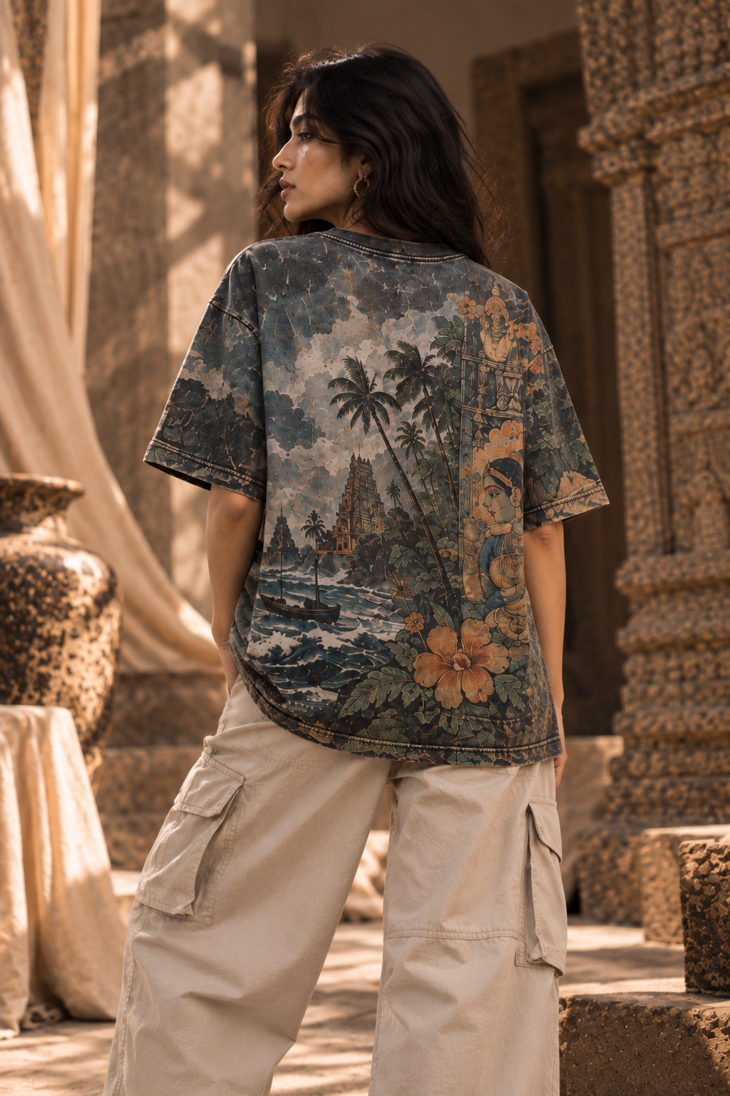 Monsoon Temple women's oversized t-shirt with tropical Indian resort design by ZERO CODE - view 4
