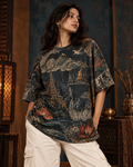 Monsoon Temple women's oversized t-shirt with Madhubani folk-art design by ZERO CODE
