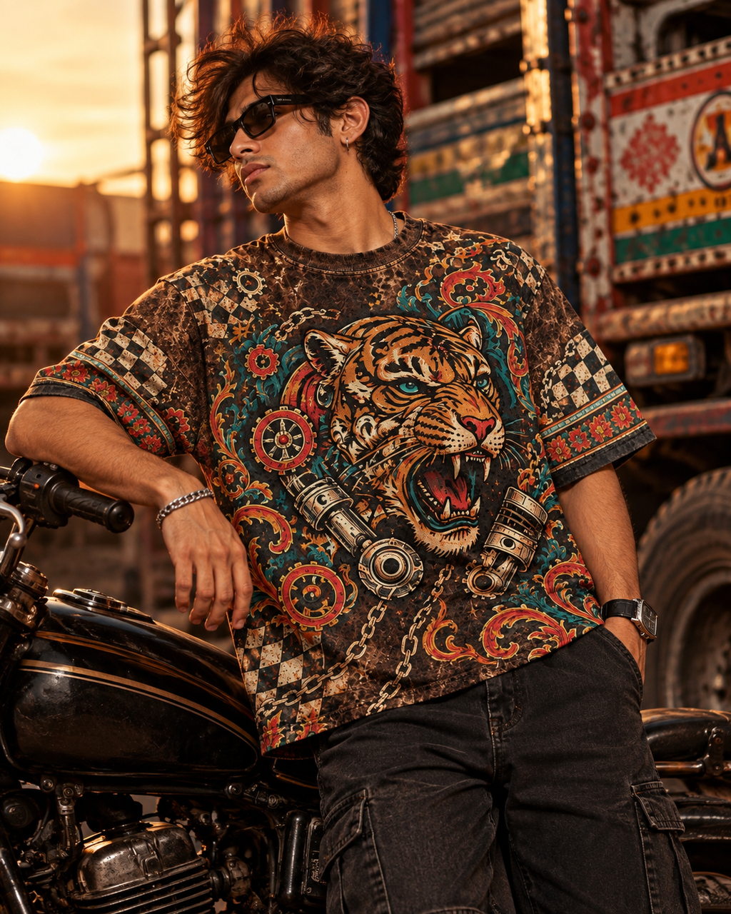 Rust Belt Raja men's oversized t-shirt with retro racing and Indian road-trip design by ZERO CODE - view 5
