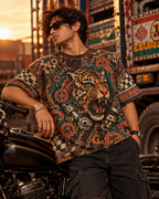 Rust Belt Raja men's oversized t-shirt with retro racing and Indian road-trip design by ZERO CODE - view 5