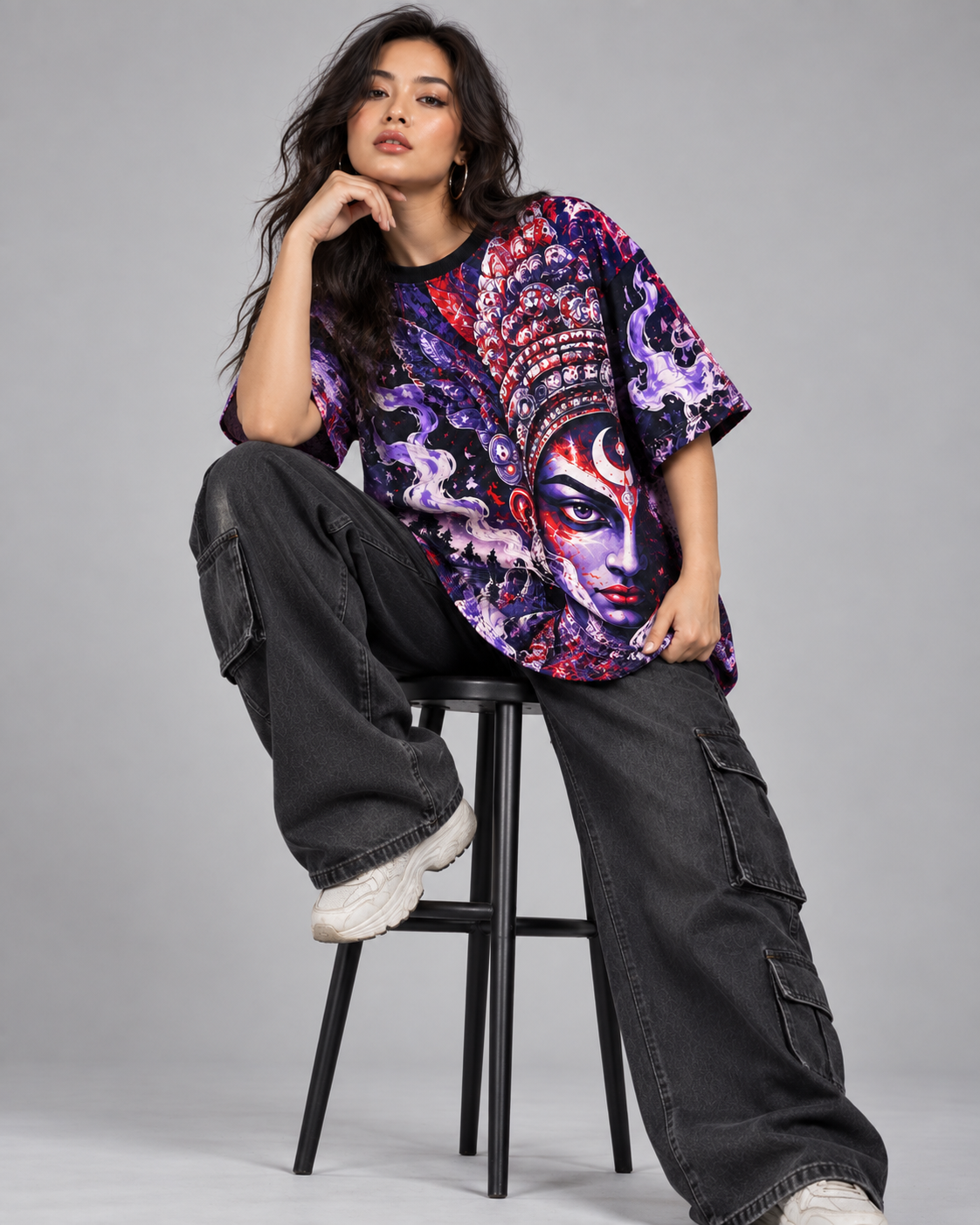 Night Oracle women's oversized t-shirt with Theyyam anime design by ZERO CODE