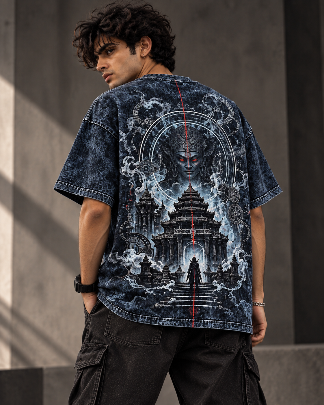 Indigo Spirit men's oversized t-shirt with Theyyam anime design by ZERO CODE - view 2