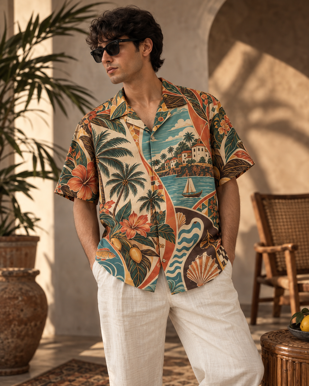 Konkan Cocktail men's printed casual shirt with tropical Indian resort design by ZERO CODE