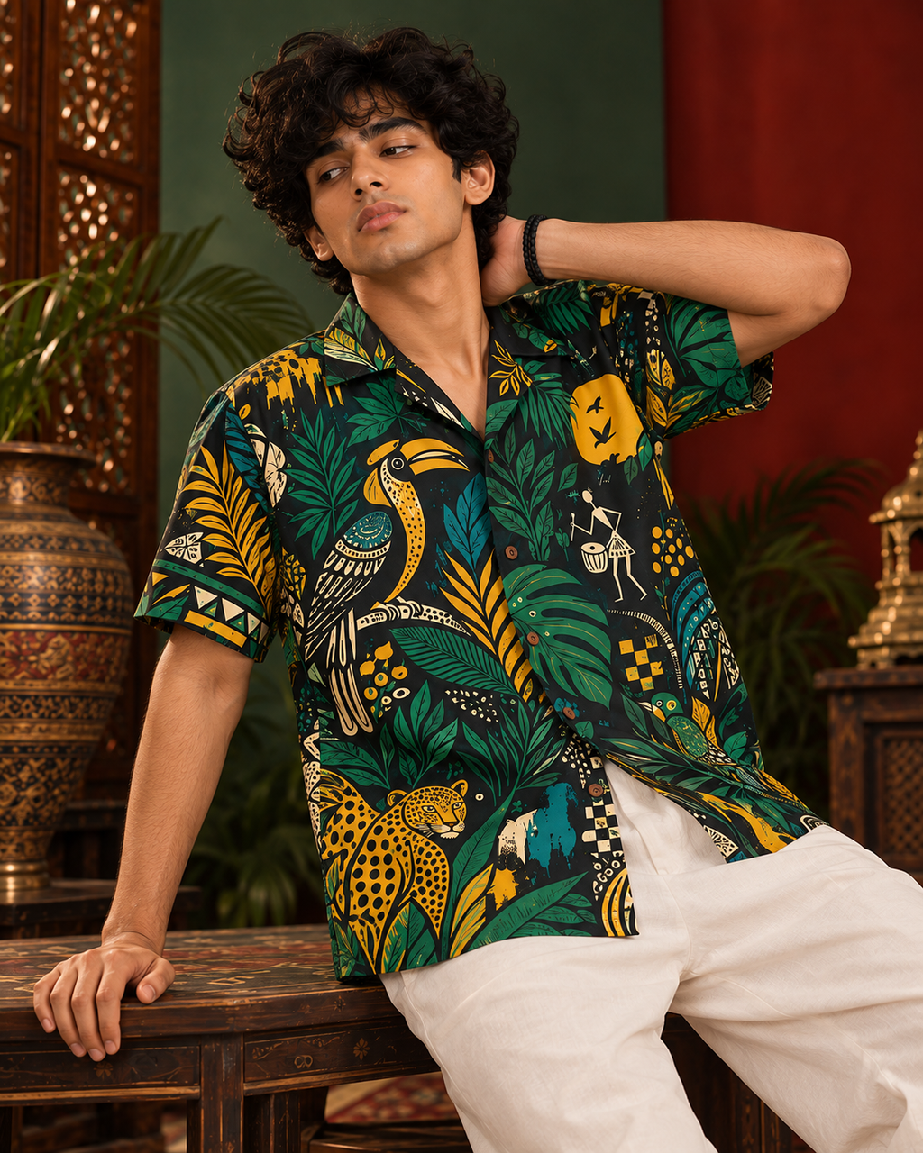 Jungle Radio men's printed casual shirt with Madhubani folk-art design by ZERO CODE - view 3