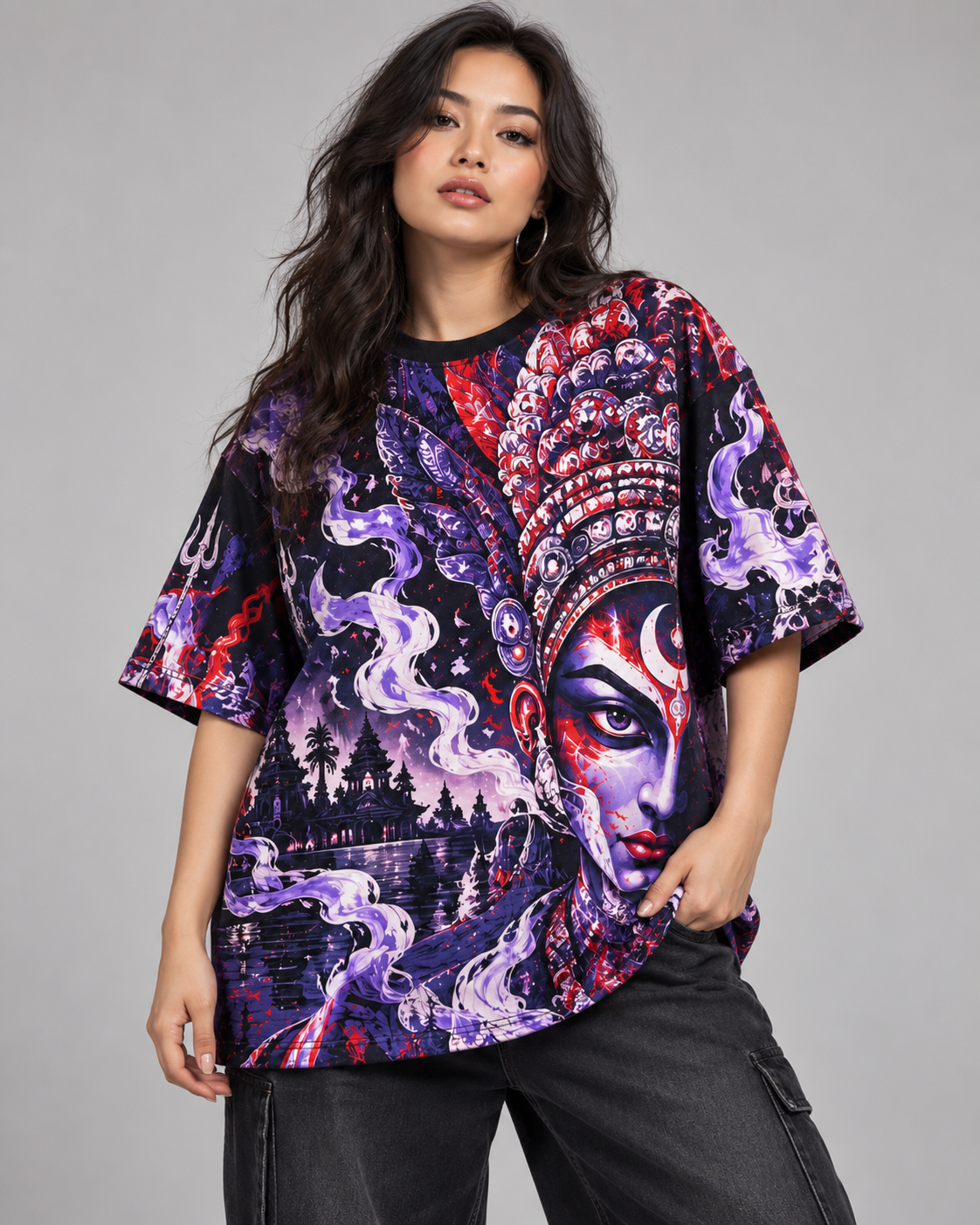 Night Oracle women's oversized t-shirt with Theyyam anime design by ZERO CODE - view 4