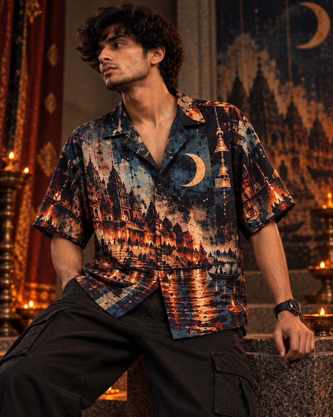 Banaras Nocturne men's printed casual shirt with dark Varanasi grunge design by ZERO CODE - view 4