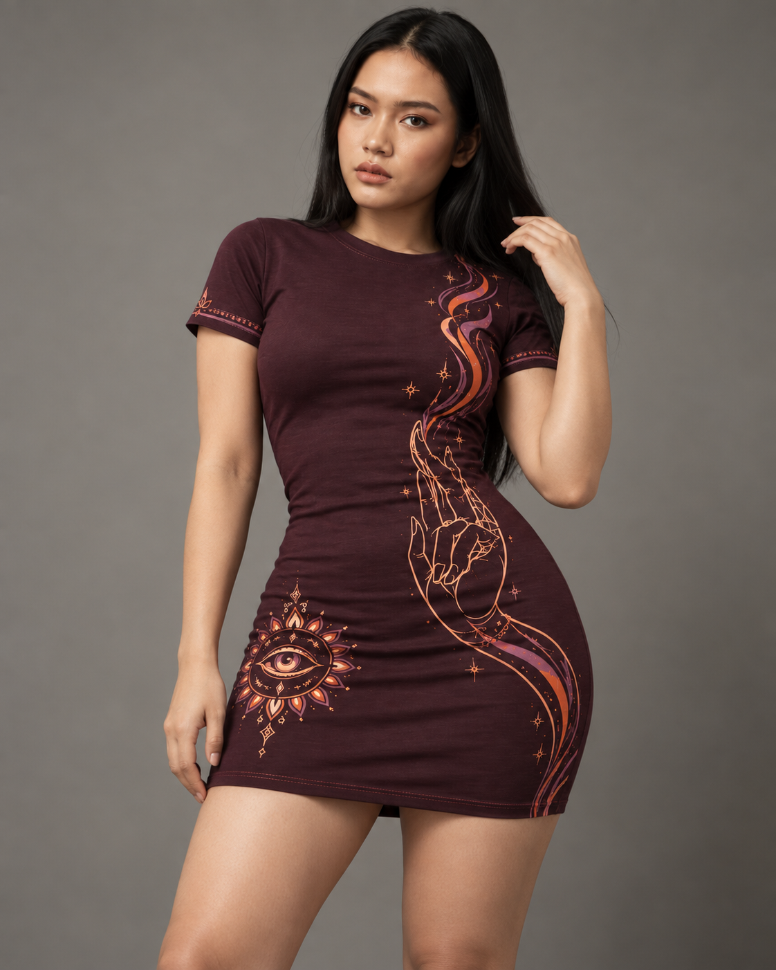 Mudra Flame women's bodycon mini dress with Theyyam anime design by ZERO CODE - view 5