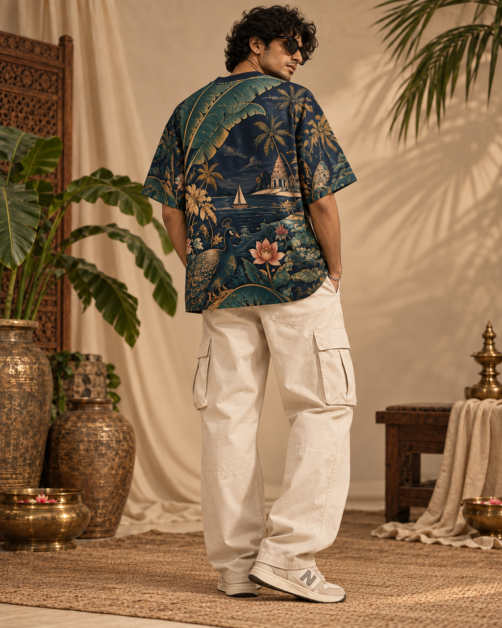 Malabar Nocturne men's oversized t-shirt with tropical Indian resort design by ZERO CODE - view 3