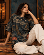 Monsoon Temple women's oversized t-shirt with Madhubani folk-art design by ZERO CODE - view 5