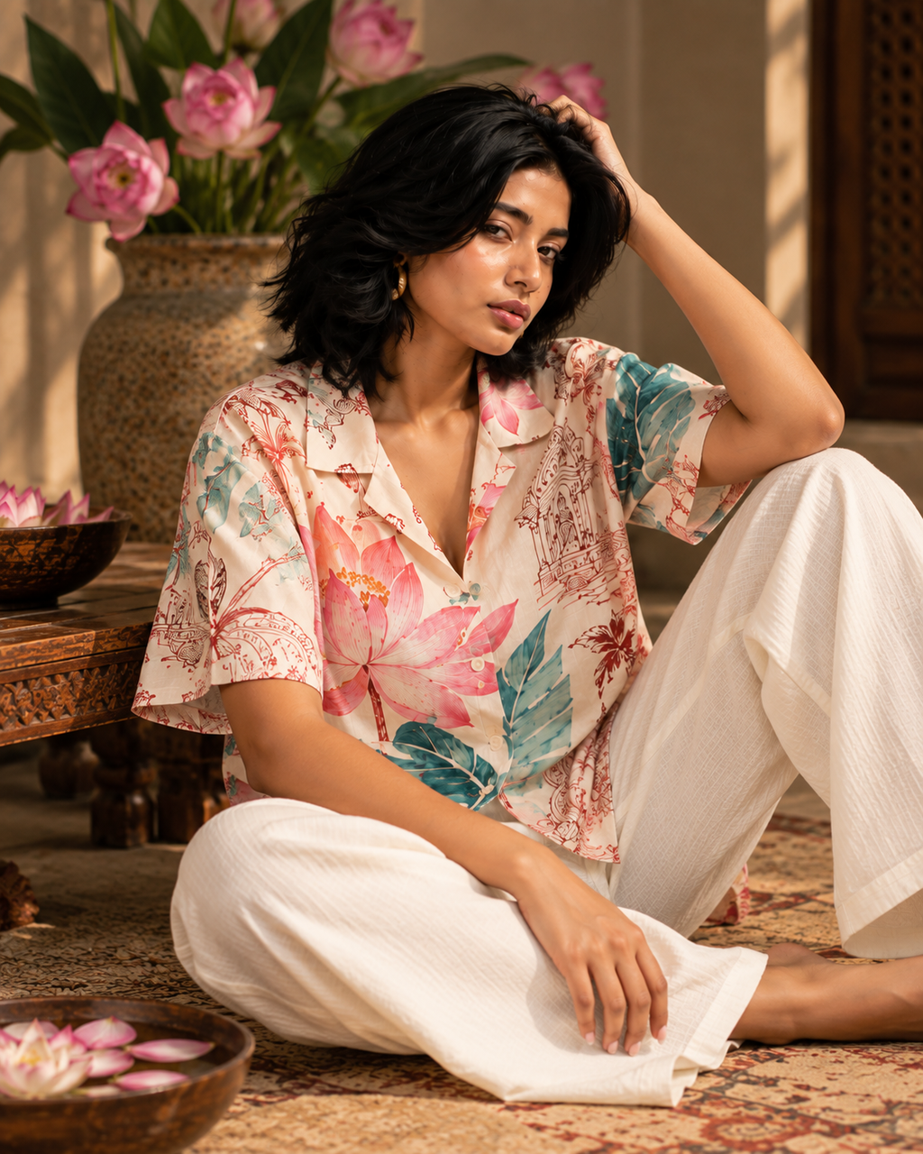 Lotus Cabana women's printed casual shirt with tropical Indian resort design by ZERO CODE - view 5
