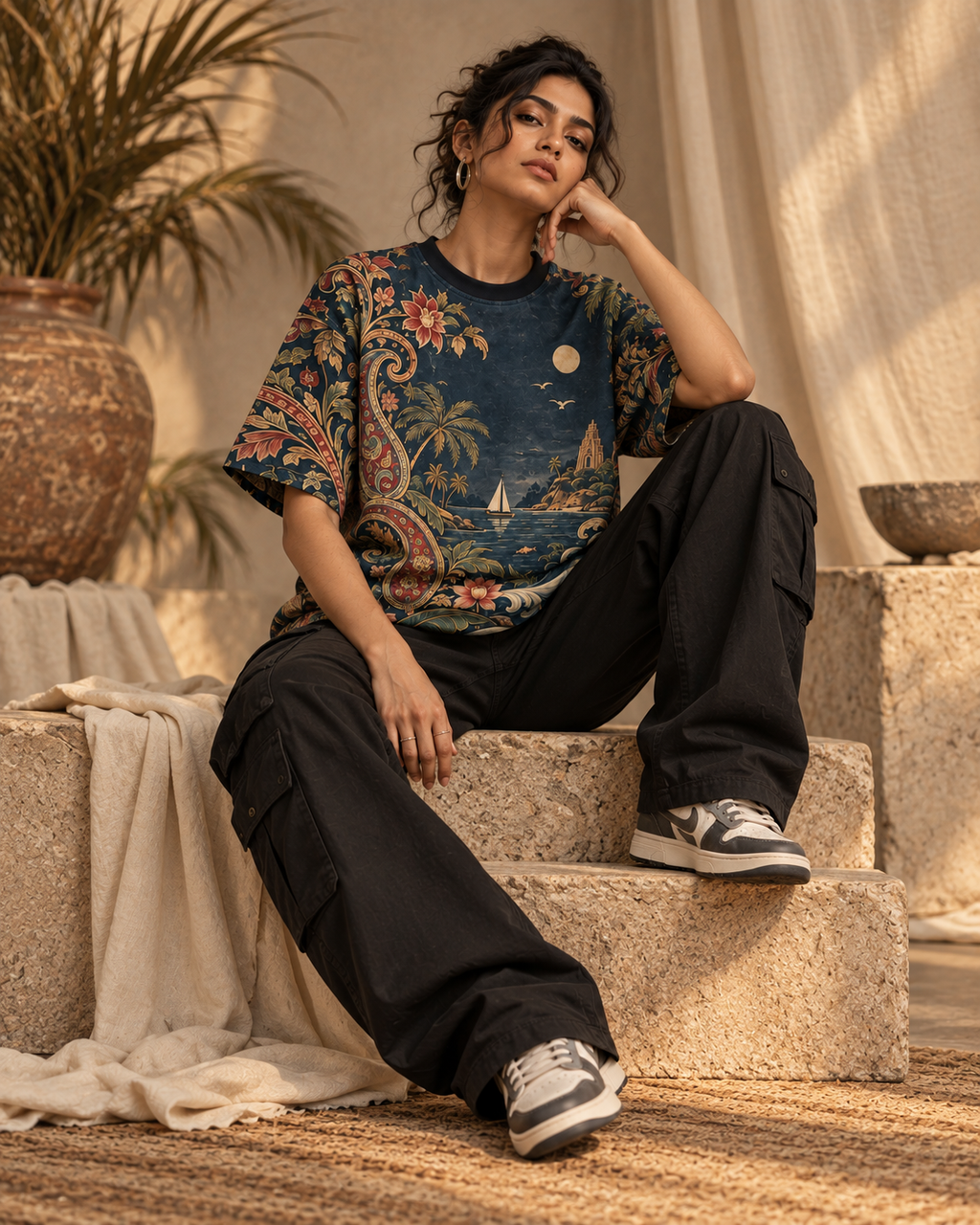 Kalamkari Tide women's oversized t-shirt with tropical Indian resort design by ZERO CODE - view 2
