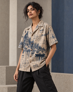 Ghat Blueprint women's printed casual shirt with dark Varanasi grunge design by ZERO CODE - view 2