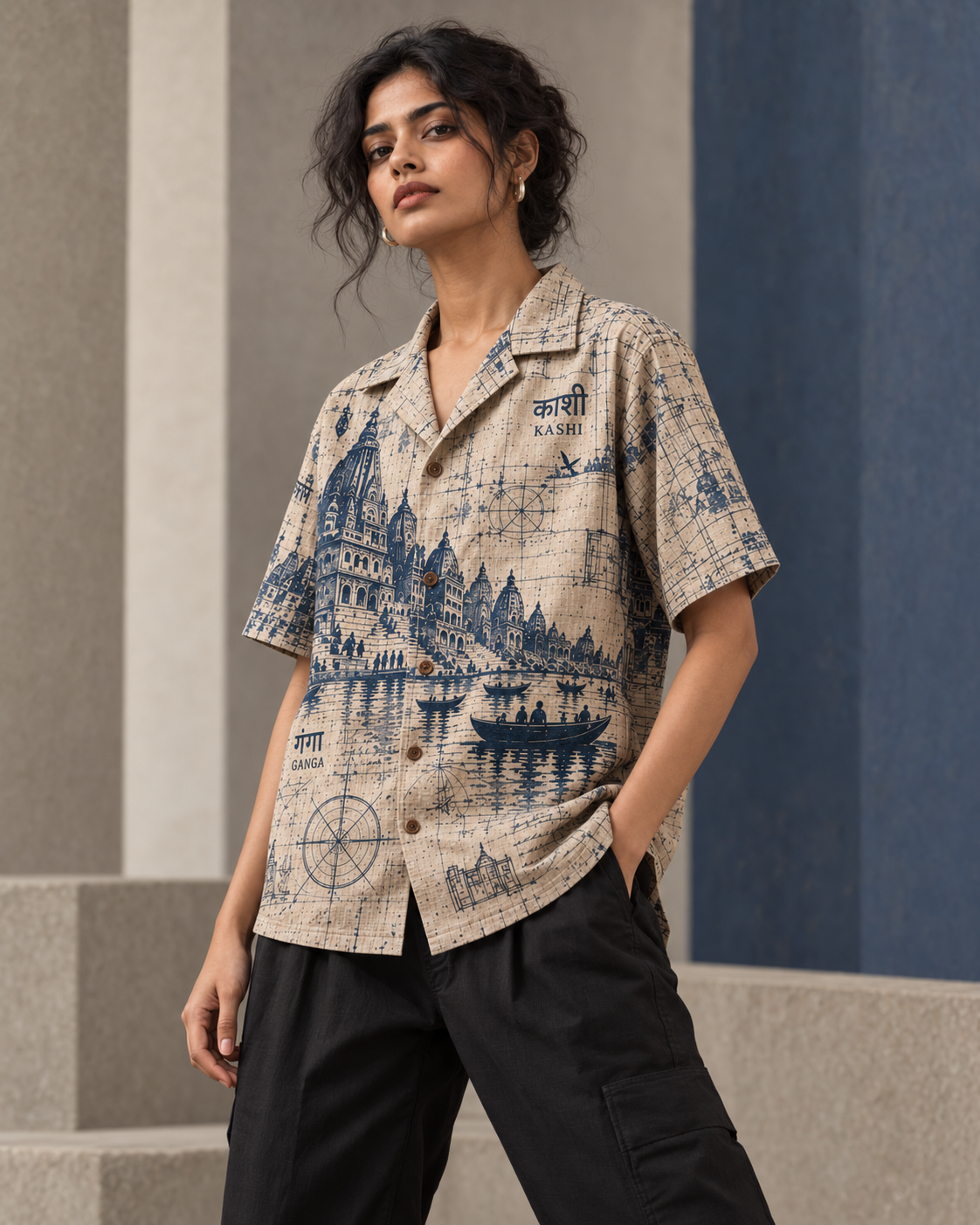 Ghat Blueprint women's printed casual shirt with dark Varanasi grunge design by ZERO CODE - view 2