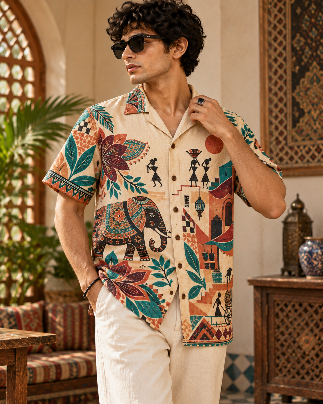 Warli Vacation Club men's printed casual shirt with Warli folk-art design by ZERO CODE - view 4