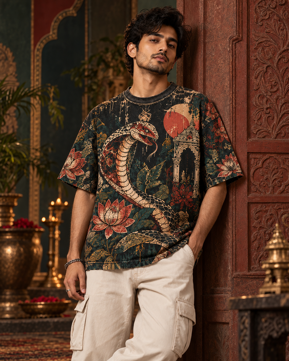 Serpent Garden men's oversized t-shirt with Madhubani folk-art design by ZERO CODE - view 3